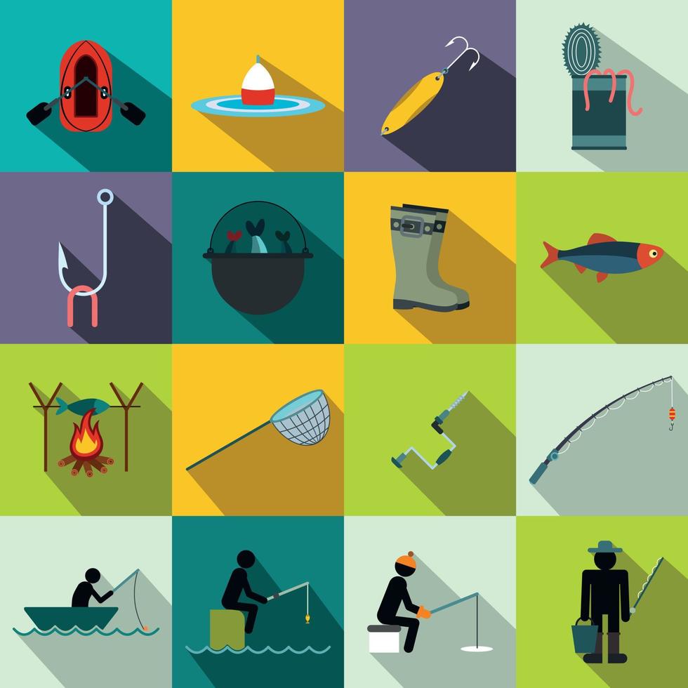 Fishing flat icons set vector