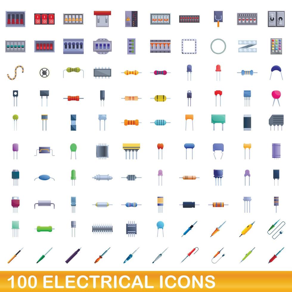 100 iconos eléctricos, estilo de dibujos animados vector