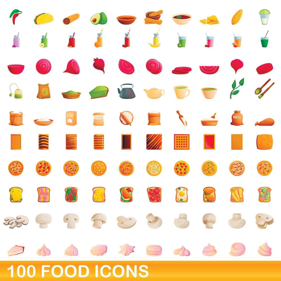 100 food icons set, cartoon style vector