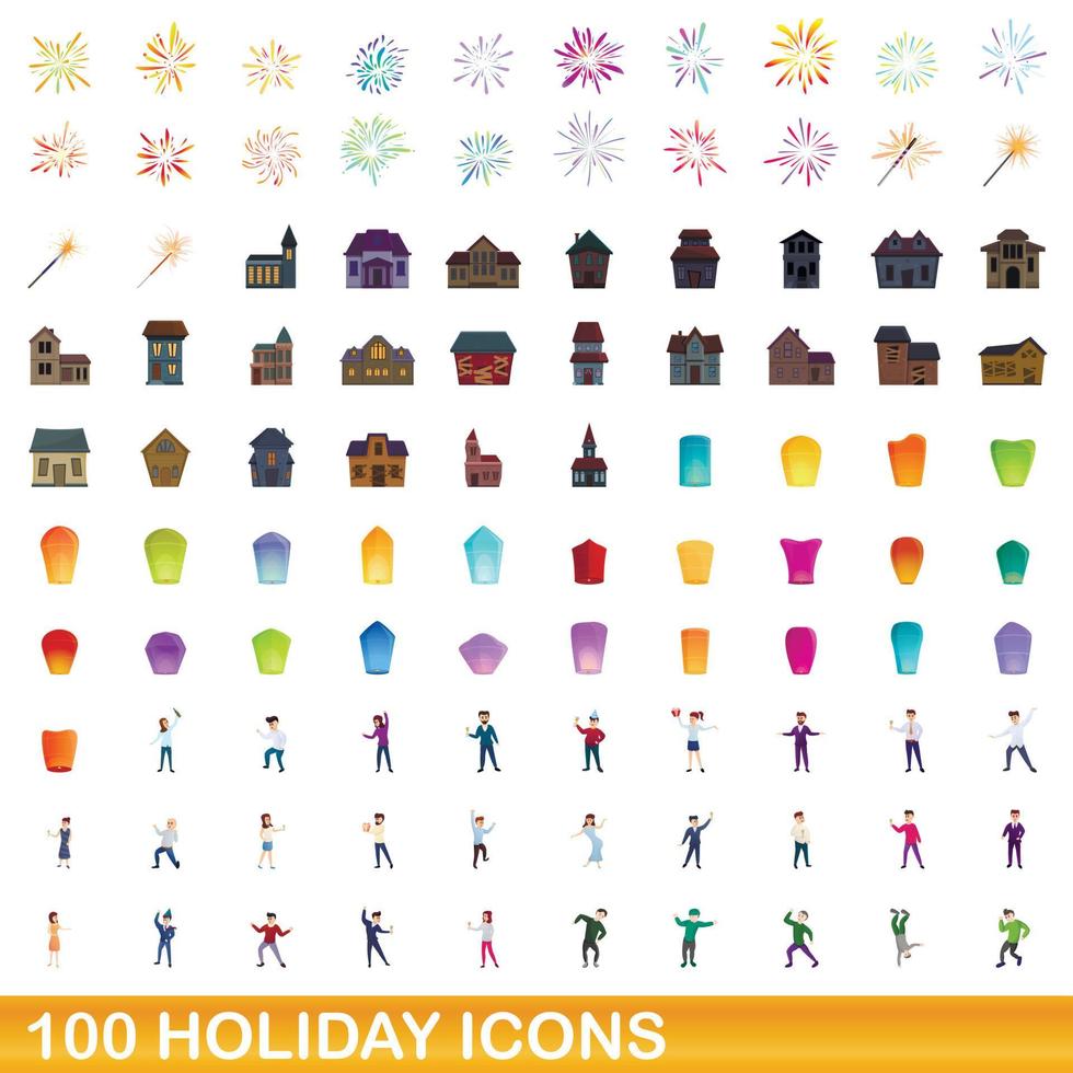 100 holiday icons set, cartoon style vector