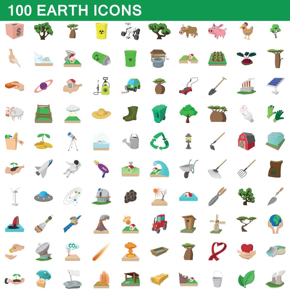 100 iconos de tierra, estilo de dibujos animados vector