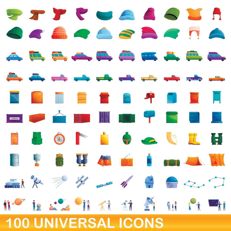 100 universal icons set, cartoon style vector