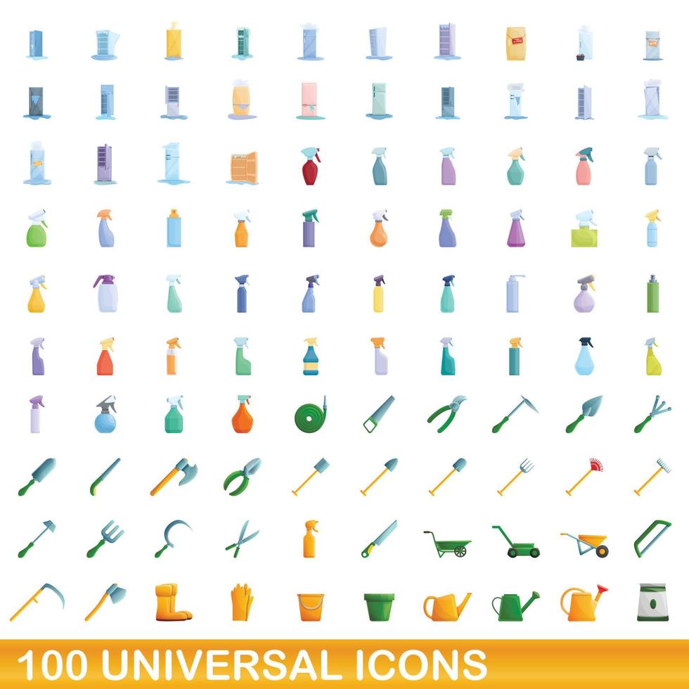 100 universal icons set, cartoon style vector