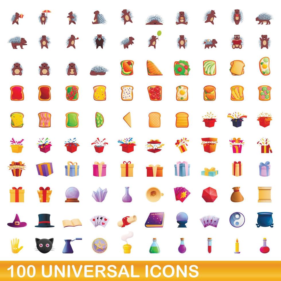 100 universal icons set, cartoon style vector