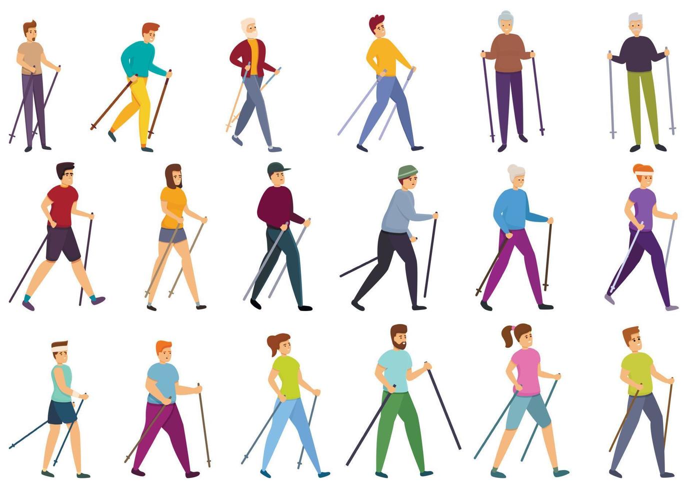 Nordic walking icons set, cartoon style vector