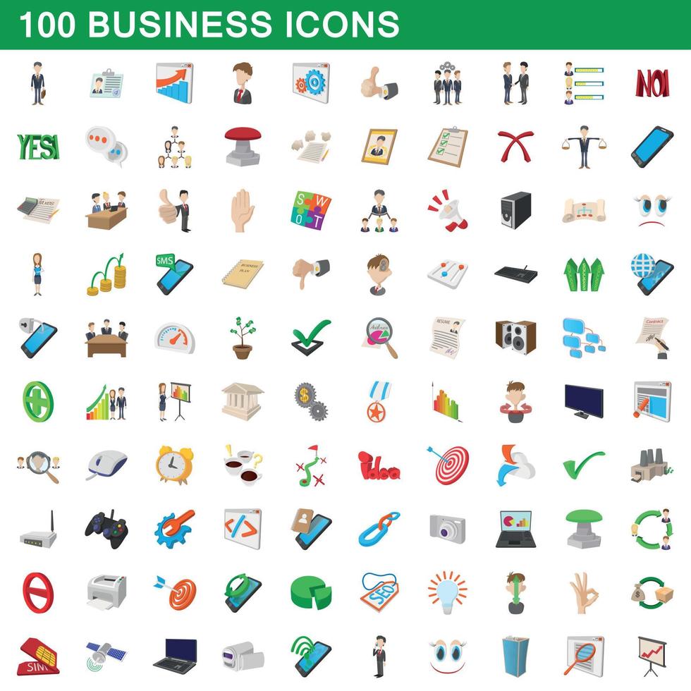 100 iconos de negocios, estilo de dibujos animados vector