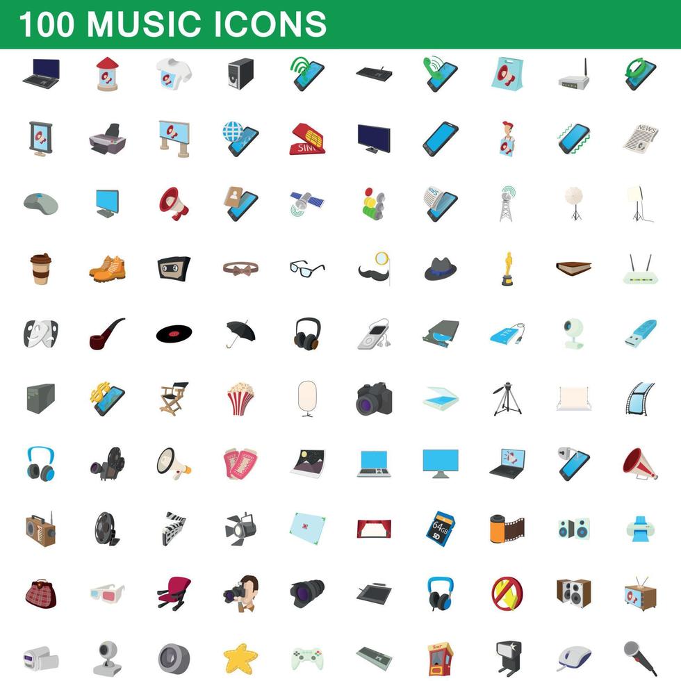 100 iconos de música, estilo de dibujos animados vector