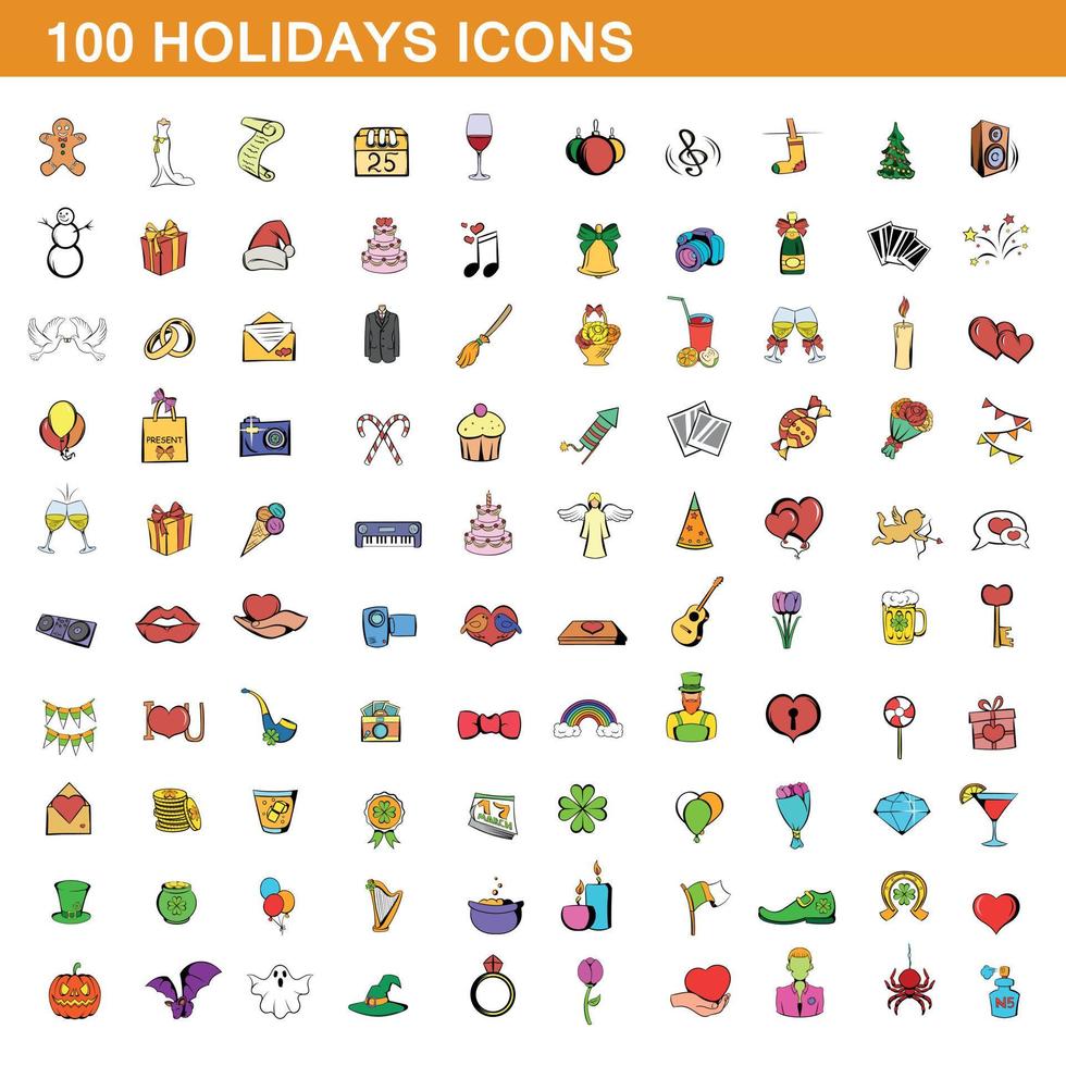 100 holidays icons set, cartoon style vector