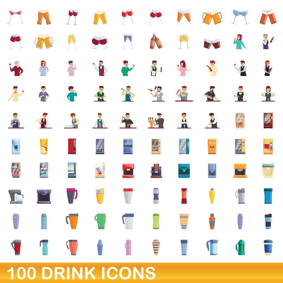 100 drink icons set, cartoon style vector