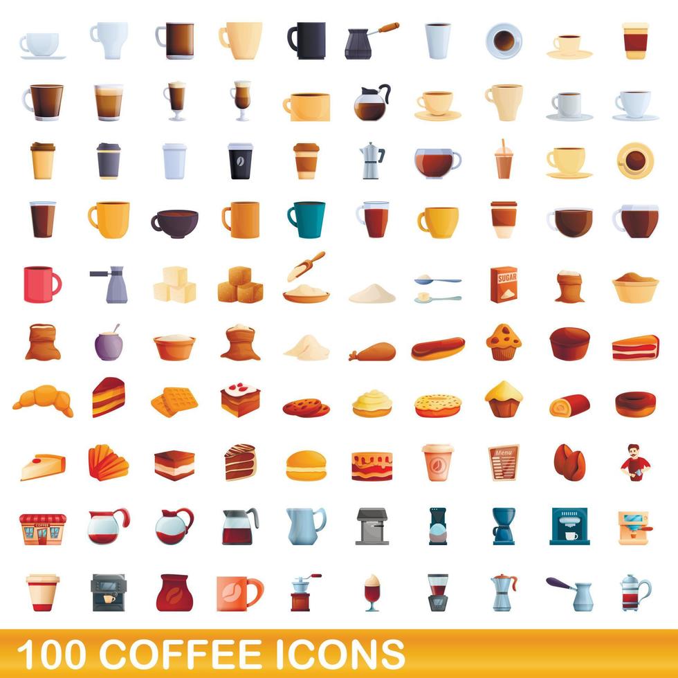 100 coffee icons set, cartoon style vector
