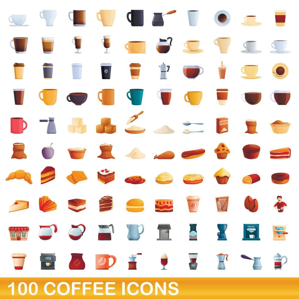 100 iconos de café, estilo de dibujos animados vector