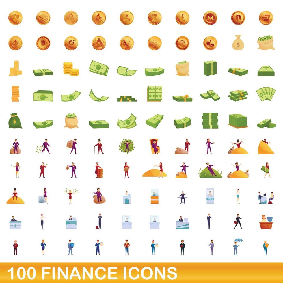 100 finance icons set, cartoon style vector