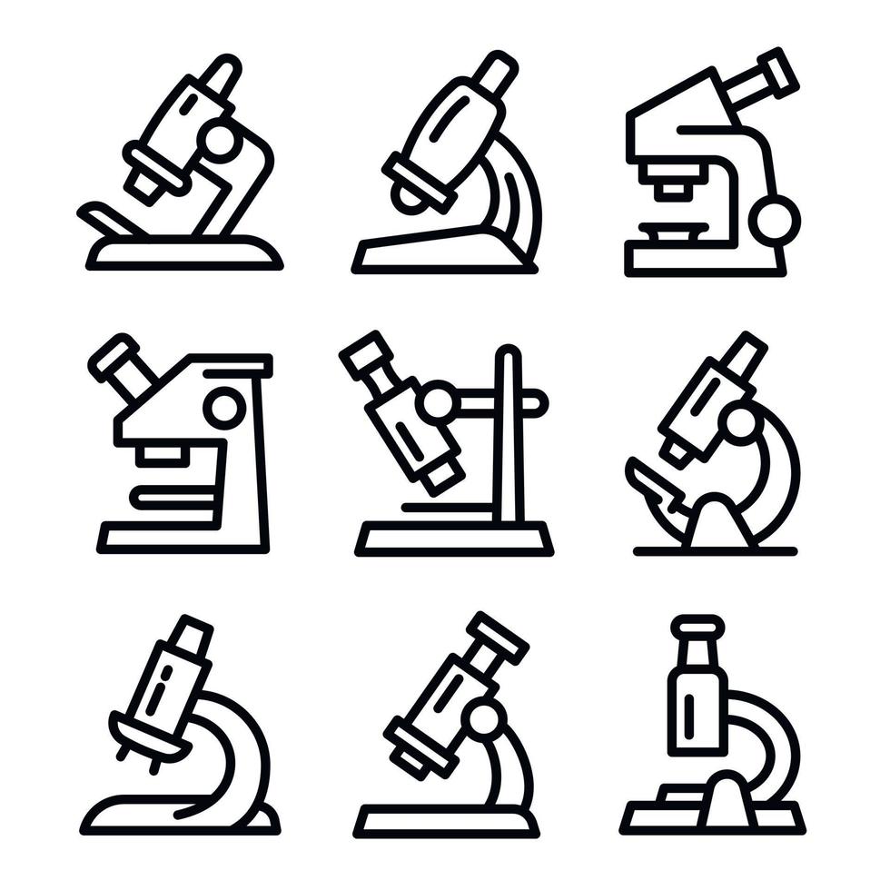 Microscope icons set, outline style vector