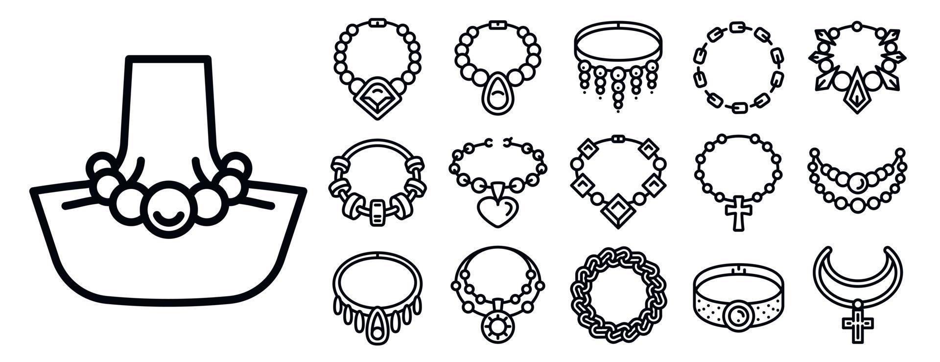 Necklace icon set, outline style vector