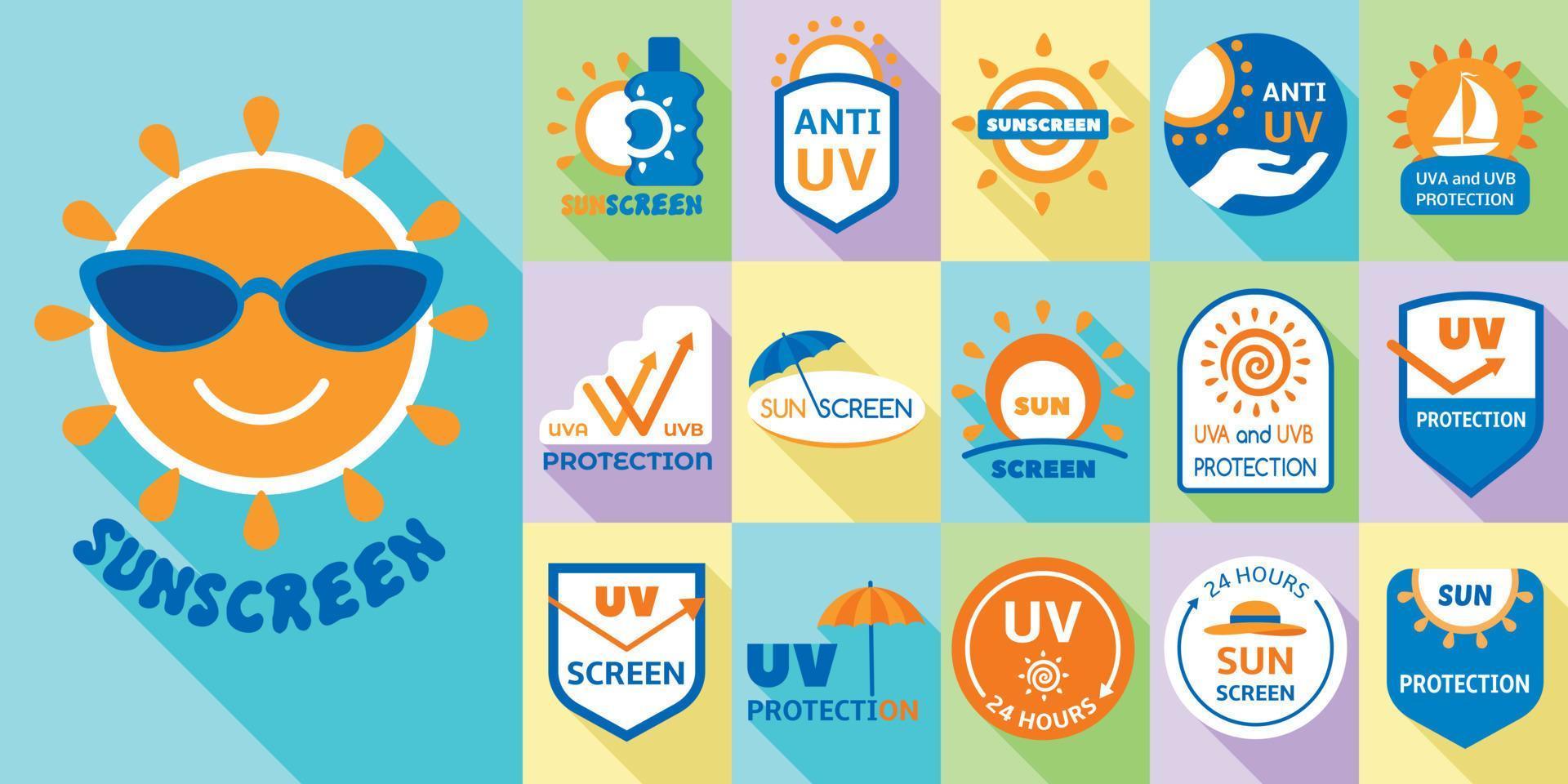 Sunscreen logo set, flat style vector