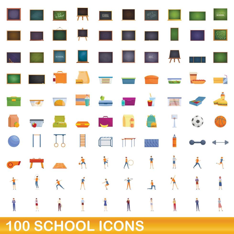 100 escuela, conjunto de iconos de estilo de dibujos animados vector