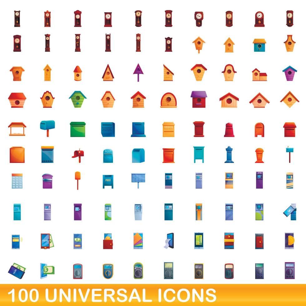 100 universal icons set, cartoon style vector