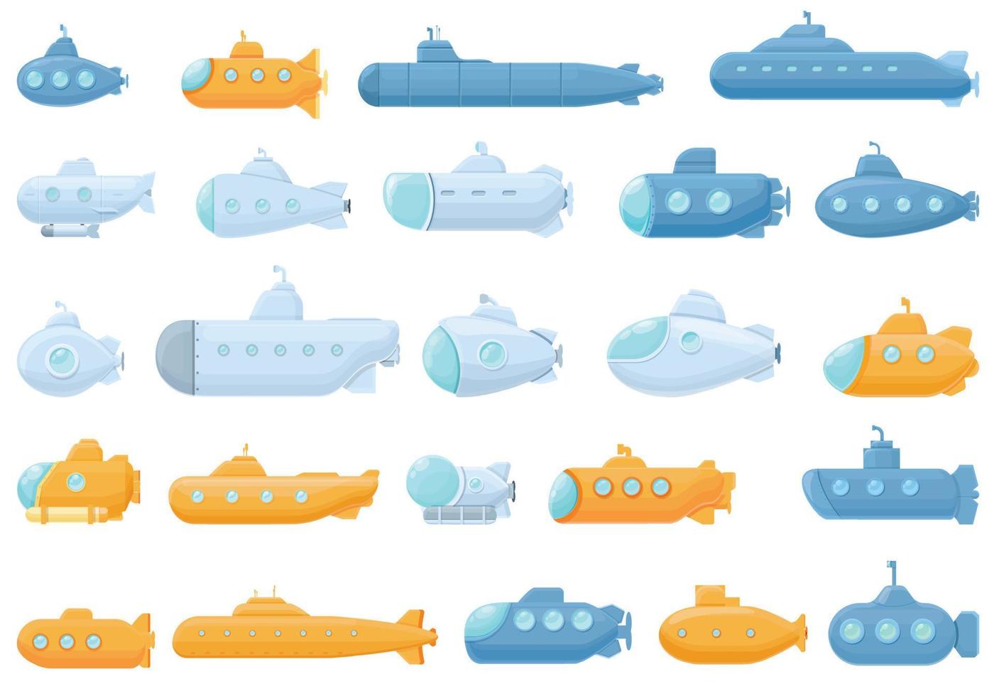 Submarine icons set, cartoon style vector