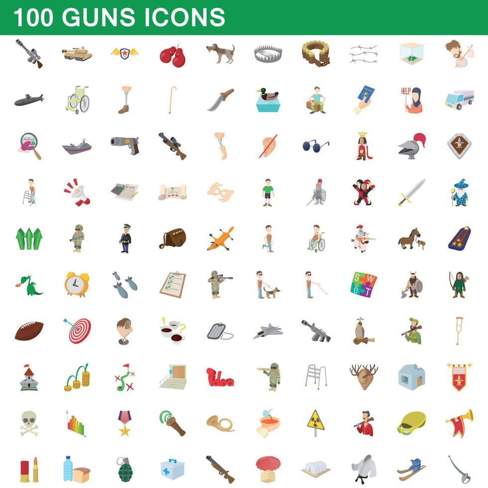 100 guns icons set, cartoon style vector