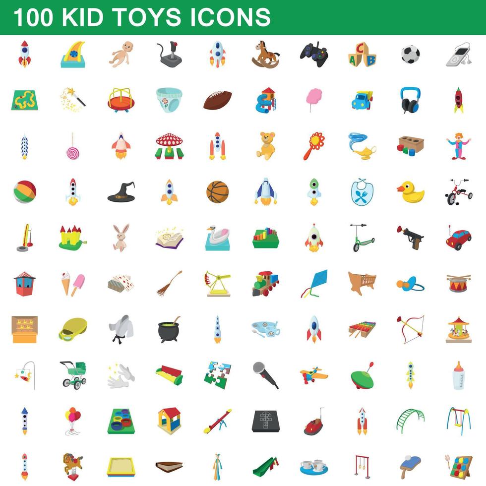 100 kid toys set, cartoon style vector