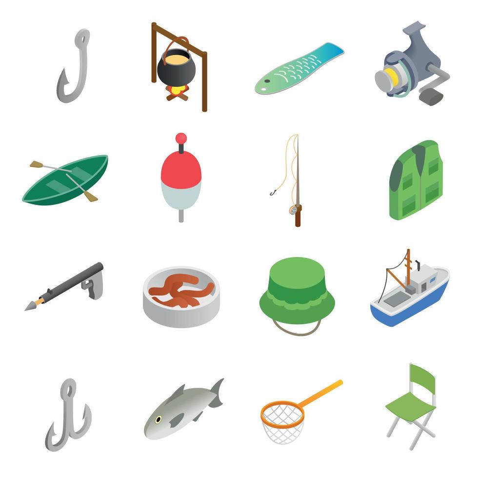 Fishing isometric 3d icons set vector
