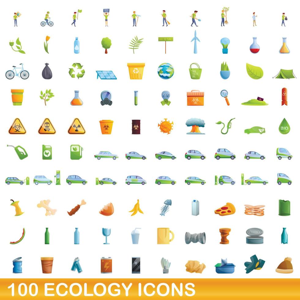 100 ecology icons set, cartoon style vector