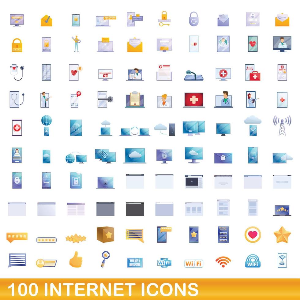 100 internet icons set, cartoon style vector