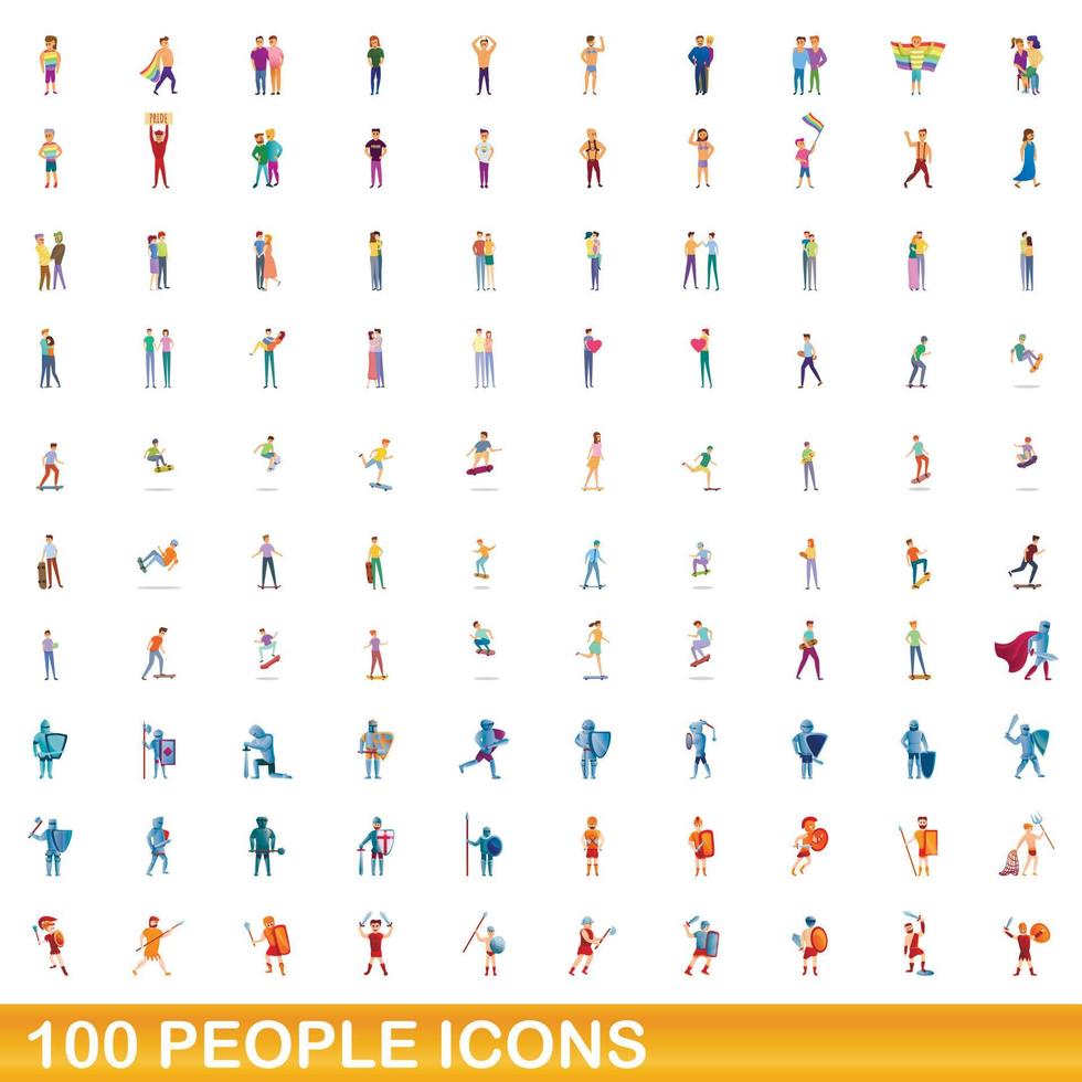 100 people icons set, cartoon style vector