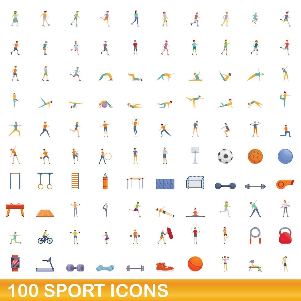 100 iconos deportivos, estilo de dibujos animados vector