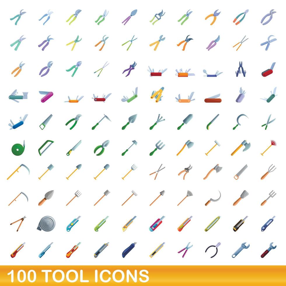 100 iconos de herramientas, estilo de dibujos animados vector