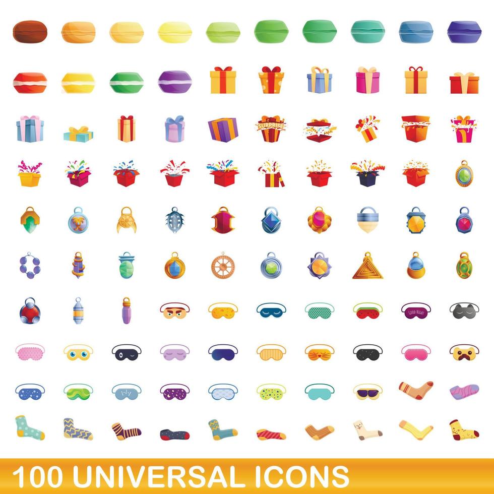 100 universal icons set, cartoon style vector