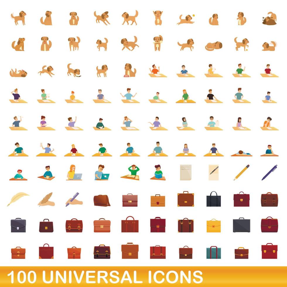 100 universal icons set, cartoon style vector