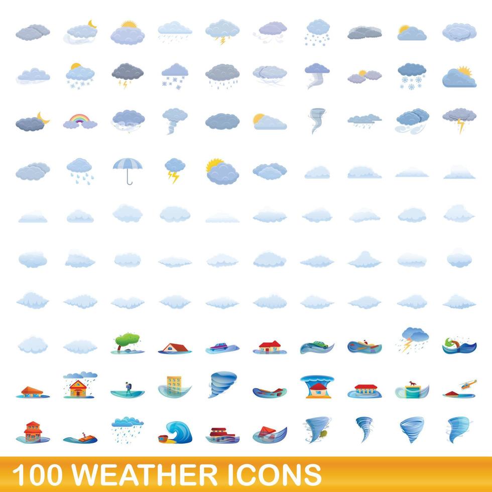 100 iconos meteorológicos, estilo de dibujos animados vector