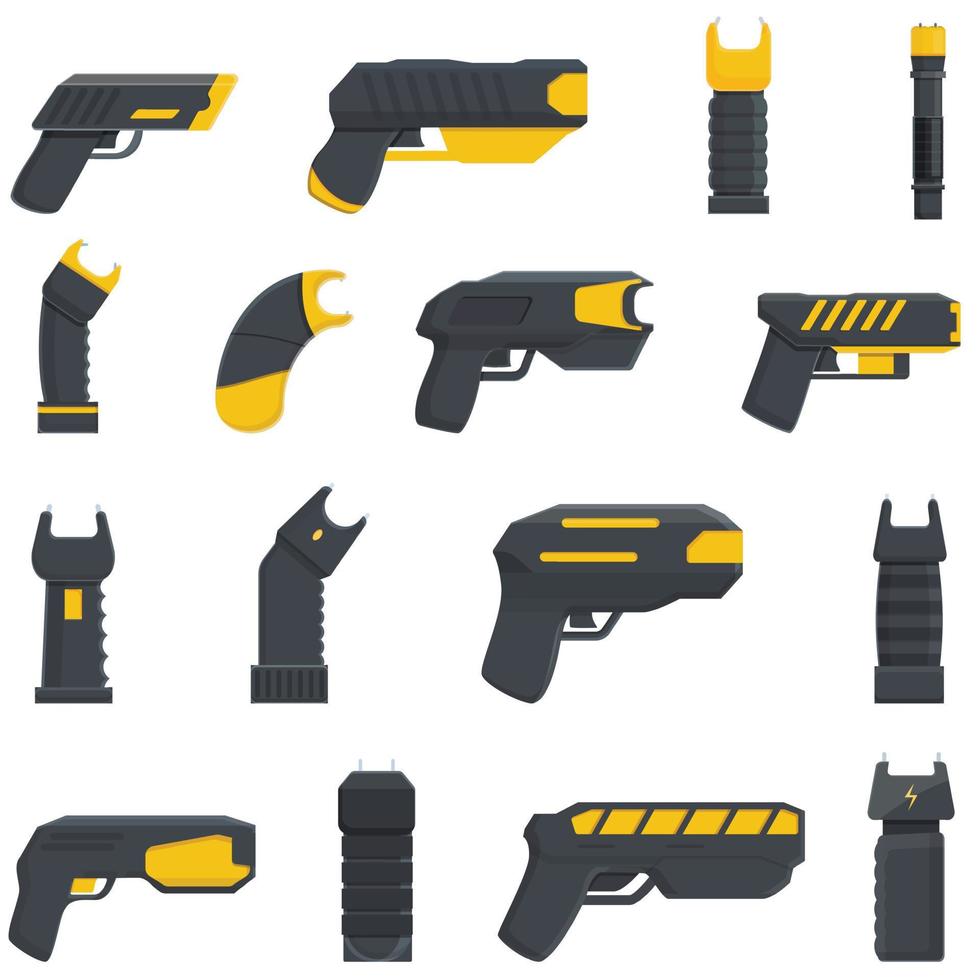 Taser police icons set, cartoon style vector