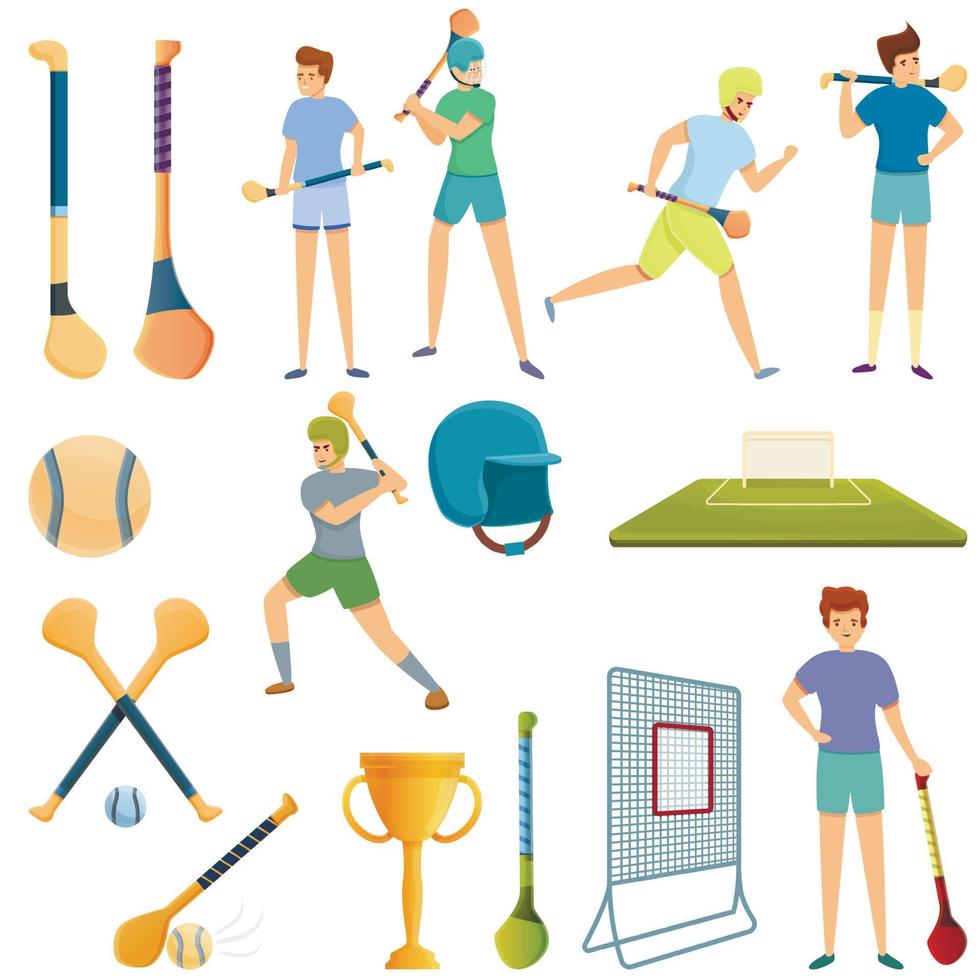 Hurling icons set, cartoon style vector