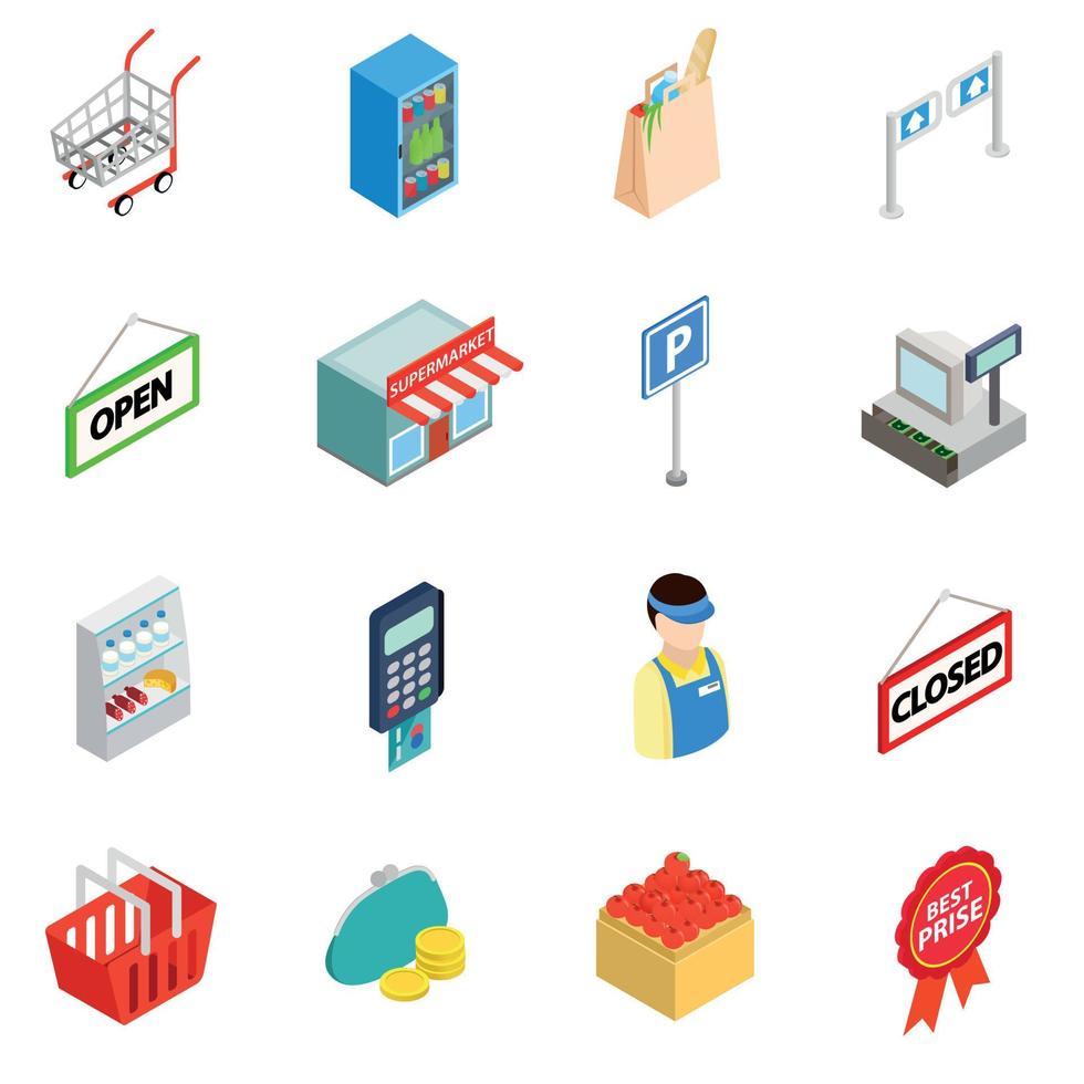 Supermarket icons set, isometric 3d style vector