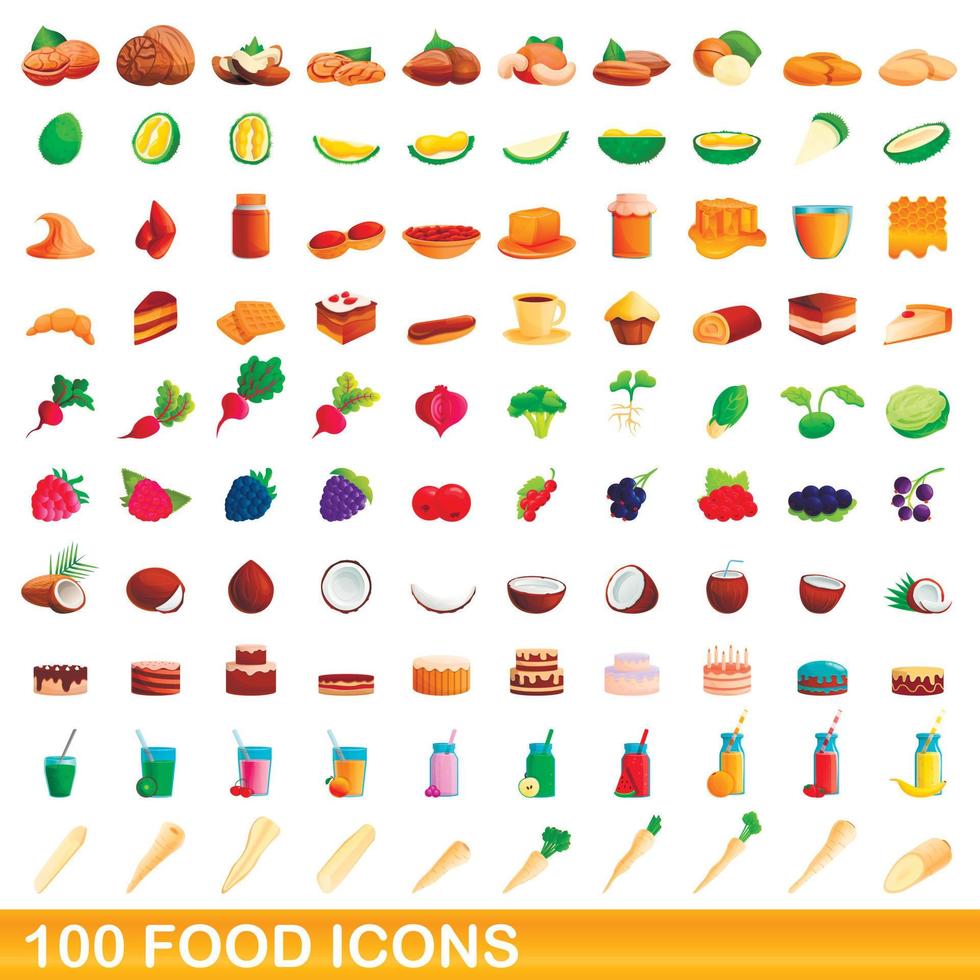 100 food icons set, cartoon style vector