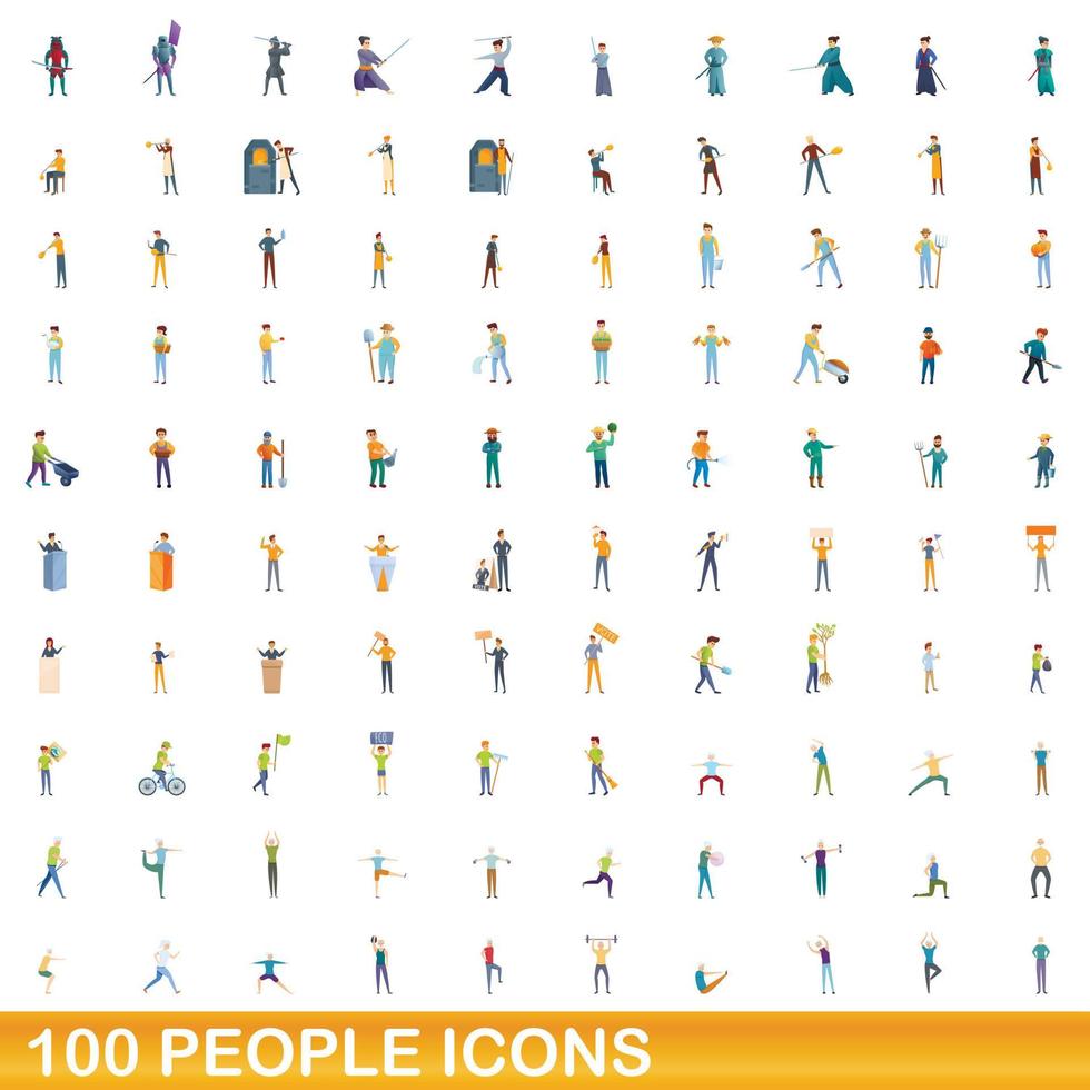 100 personas, conjunto de iconos de estilo de dibujos animados vector