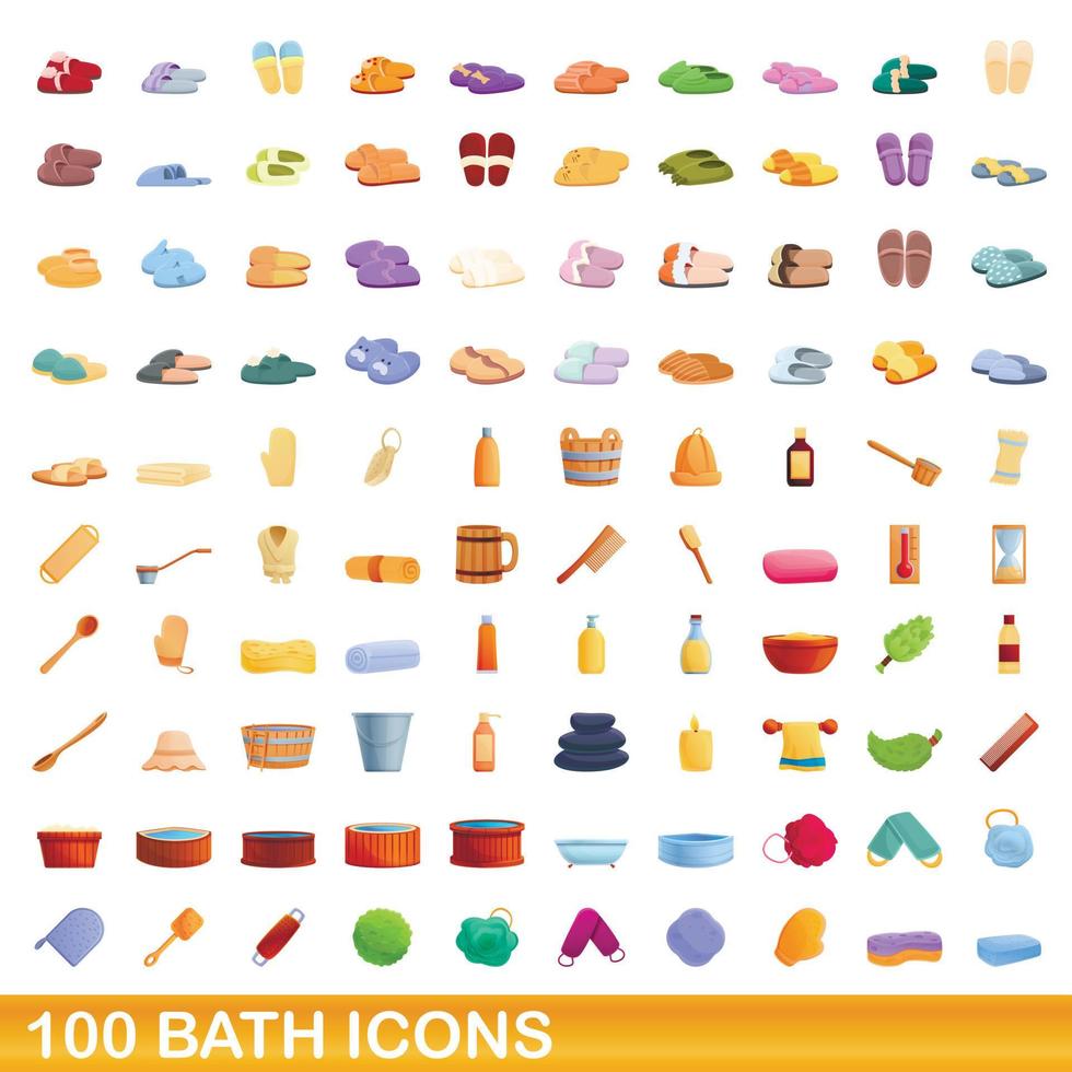 100 bath icons set, cartoon style vector