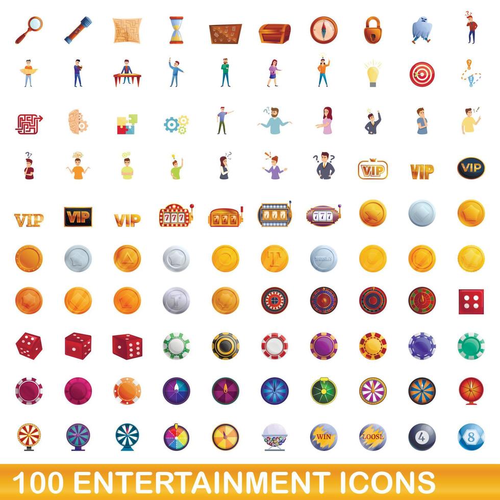 100 entertainment icons set, cartoon style vector