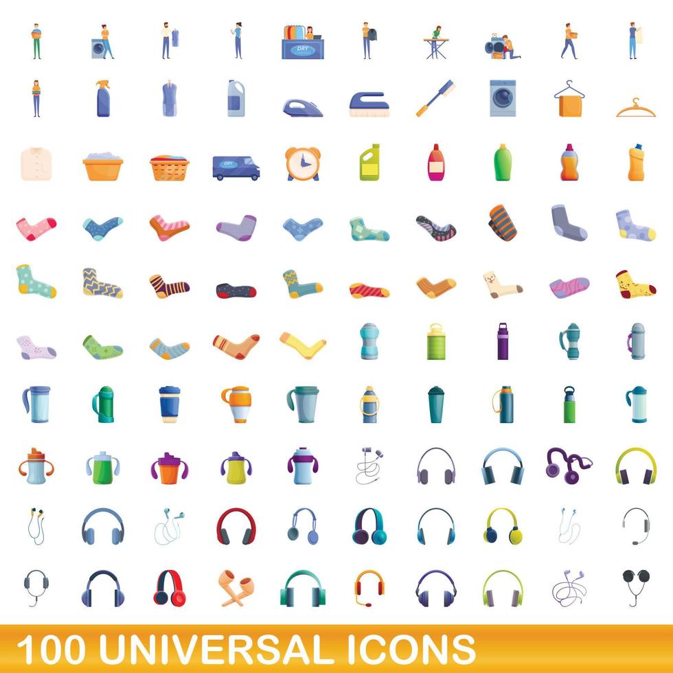 100 universal icons set, cartoon style vector