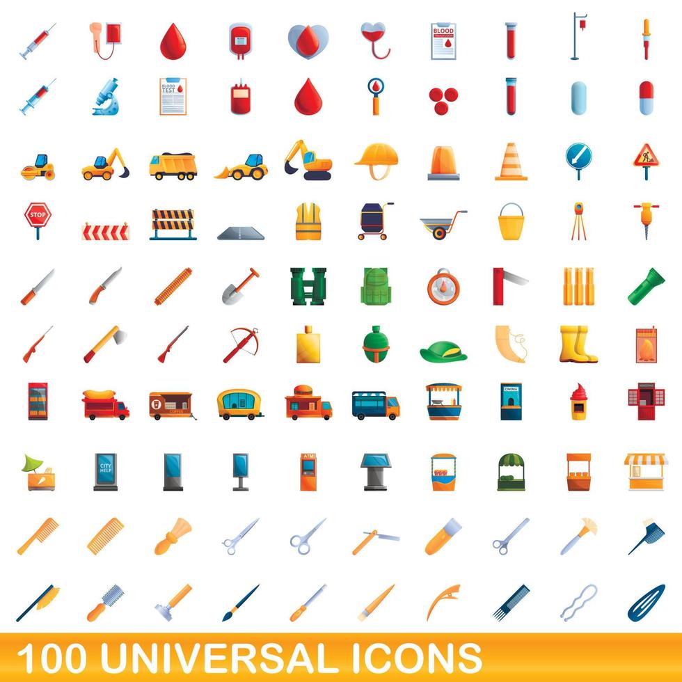 100 universal icons set, cartoon style vector