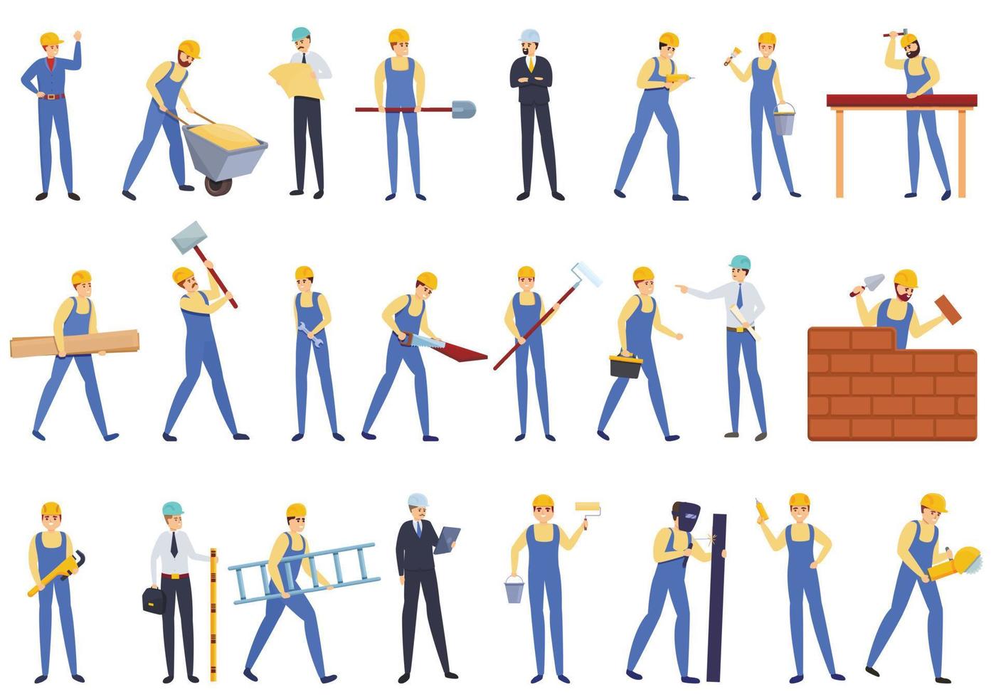 Builder icons set, cartoon style vector