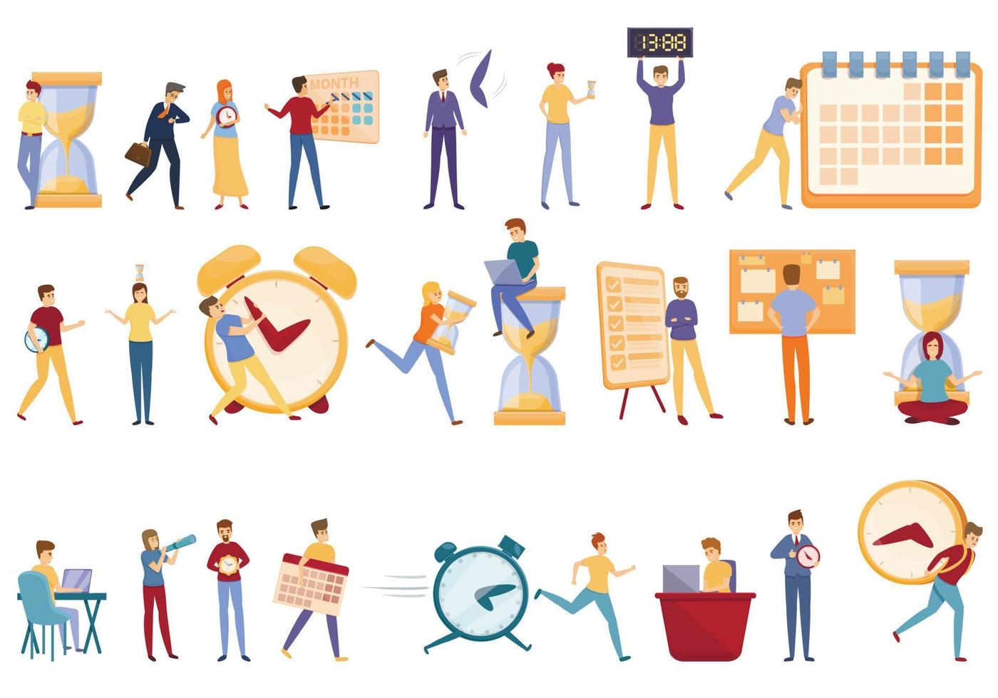 Time management icons set, cartoon style vector