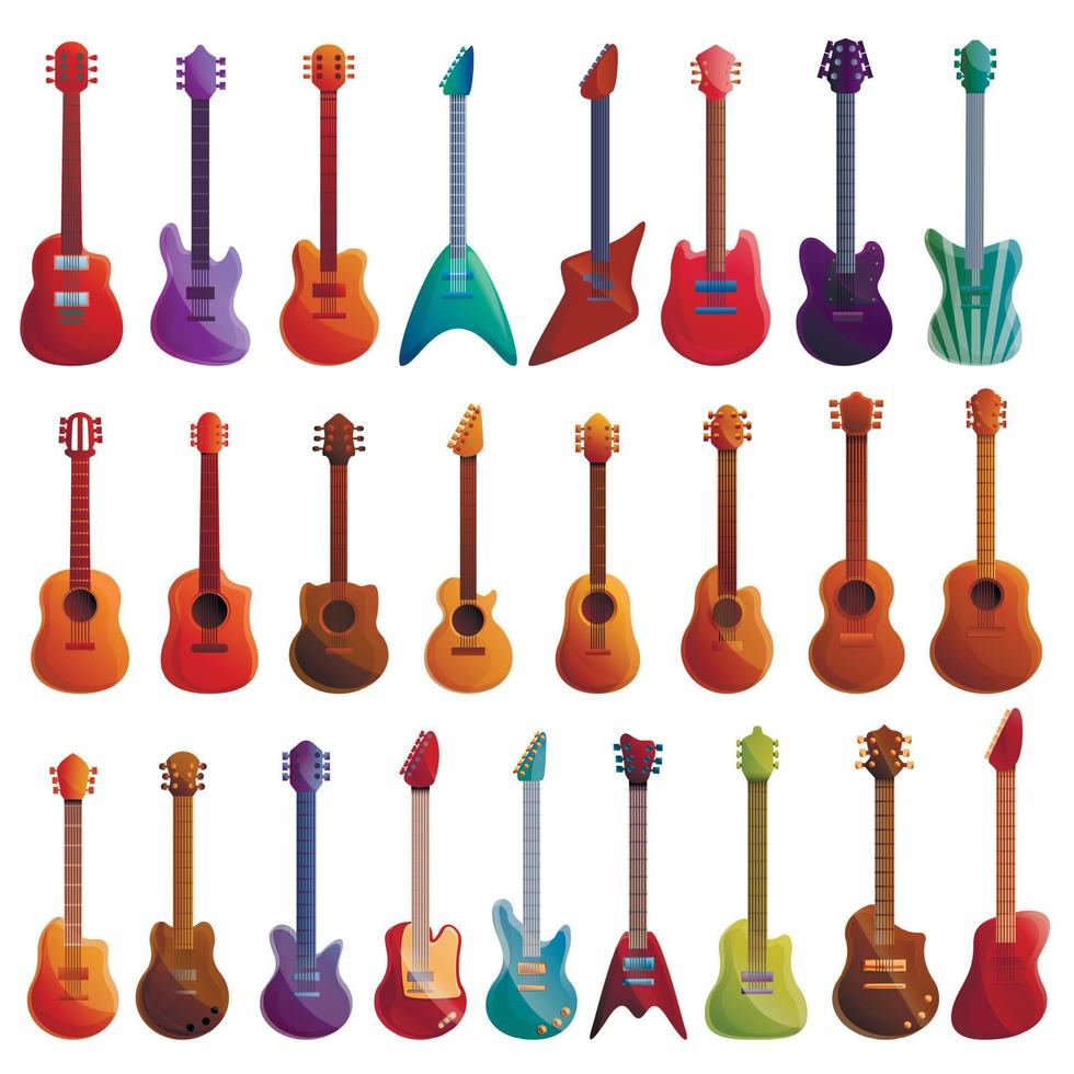 Guitar icons set, cartoon style vector