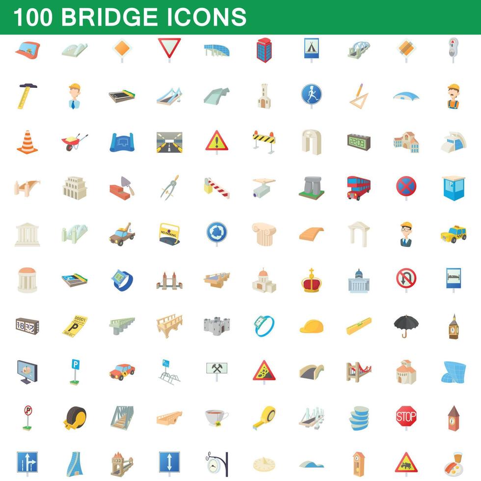 100 bridge icons set, cartoon style vector