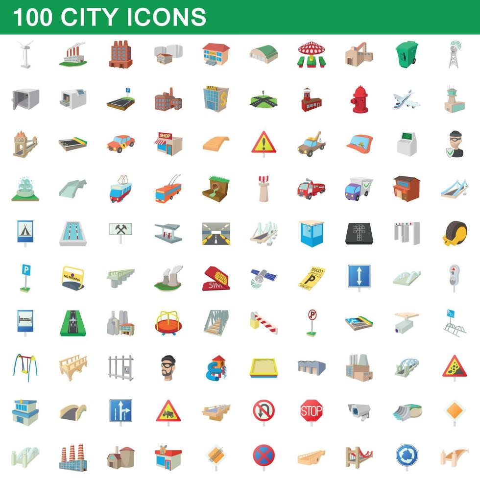 100 ciudad, conjunto de iconos de estilo de dibujos animados vector