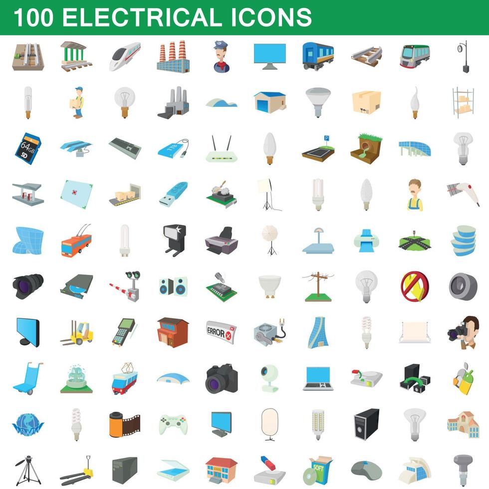 100 iconos eléctricos, estilo de dibujos animados vector