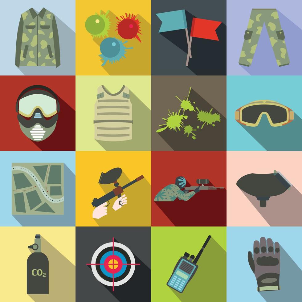Paintball game flat icons set vector