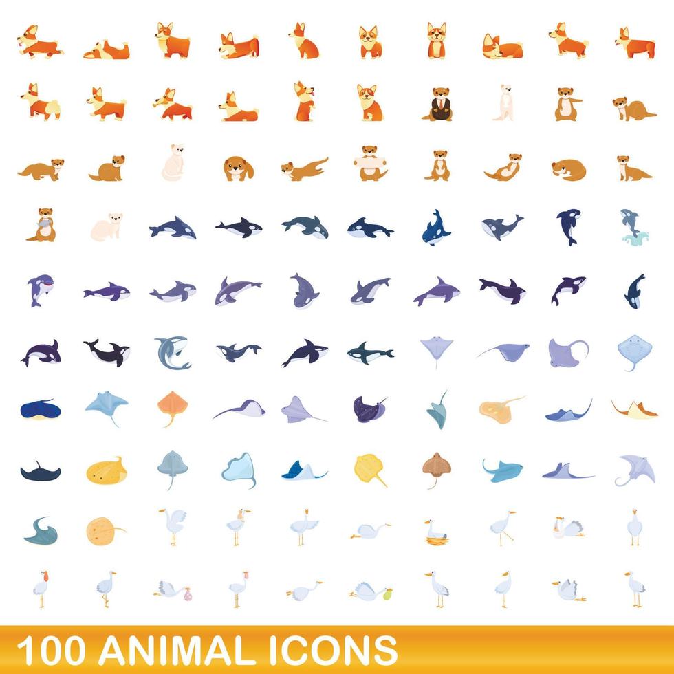 100 animal icons set, cartoon style vector